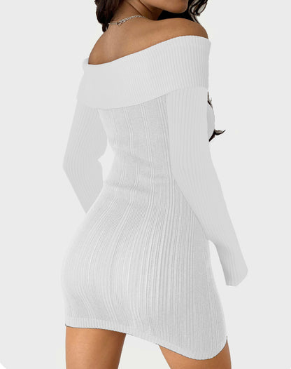 New sexy one-shoulder long-sleeved knitted dress temperament commuting hip skirt