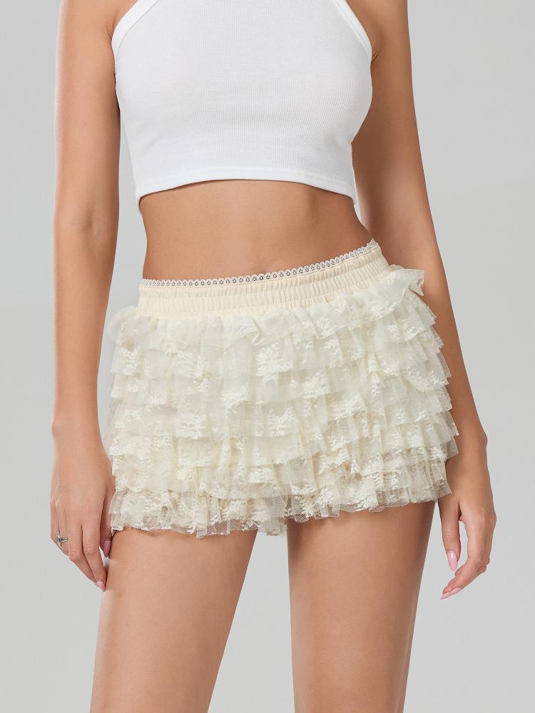 Women's Lace Ruffled Slim Elastic Waist Layered Cake Skort