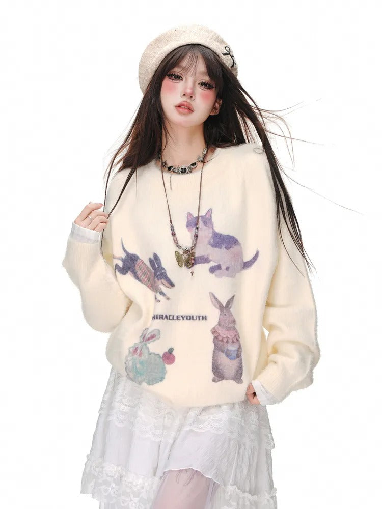 T-Shirt Women's New Korean Style Casual Loose Back Collar Cartoon Women's Sweater