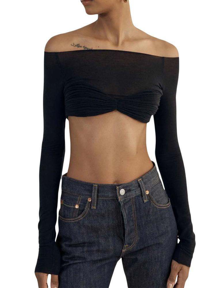 Women's Off Shoulder Crop Tops, Long Sleeve Ruched Bust T-Shirts