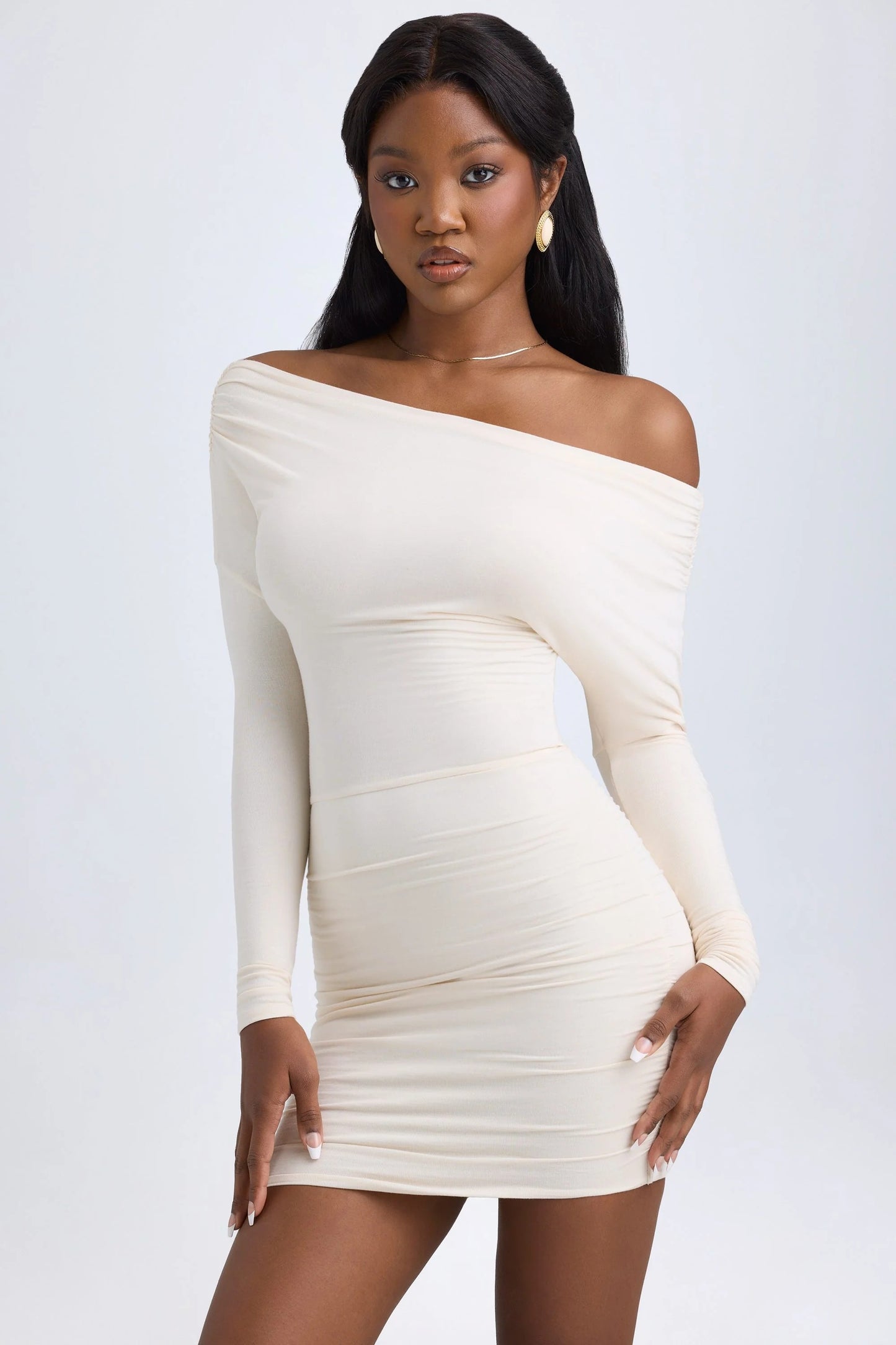 ELSA MODAL OFF - SHOULDER RUCHED MINI DRESS IN IVORY