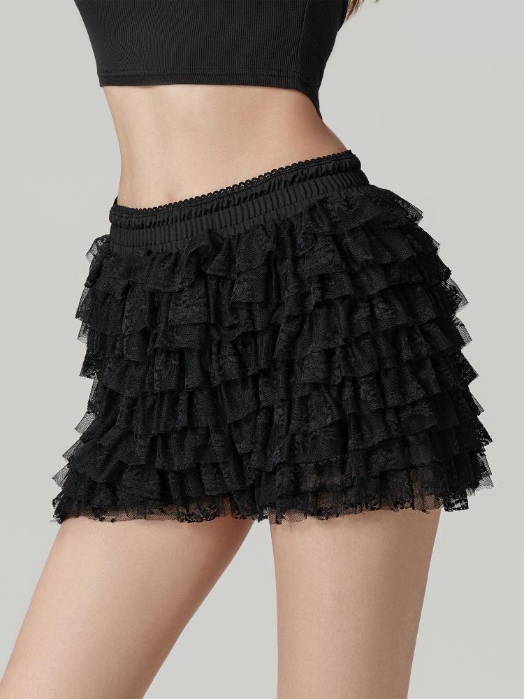 Women's Lace Ruffled Slim Elastic Waist Layered Cake Skort