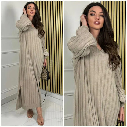 Knitted V - Neck Long Ribbed Double Slit Dress