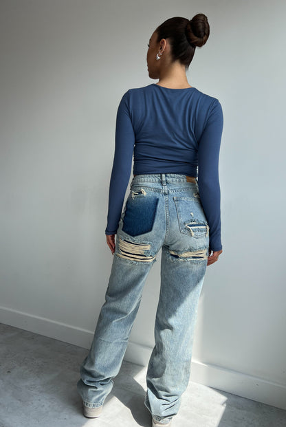 Light Blue Low-Rise Straight-Leg Ripped Jeans