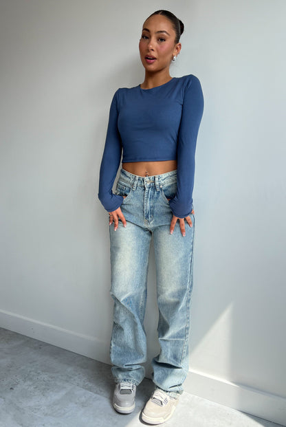 Light Blue Low-Rise Straight-Leg Ripped Jeans