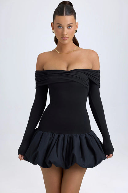 SERRA MODAL OFF - SHOULDER BUBBLE HEM MINI DRESS IN BLACK