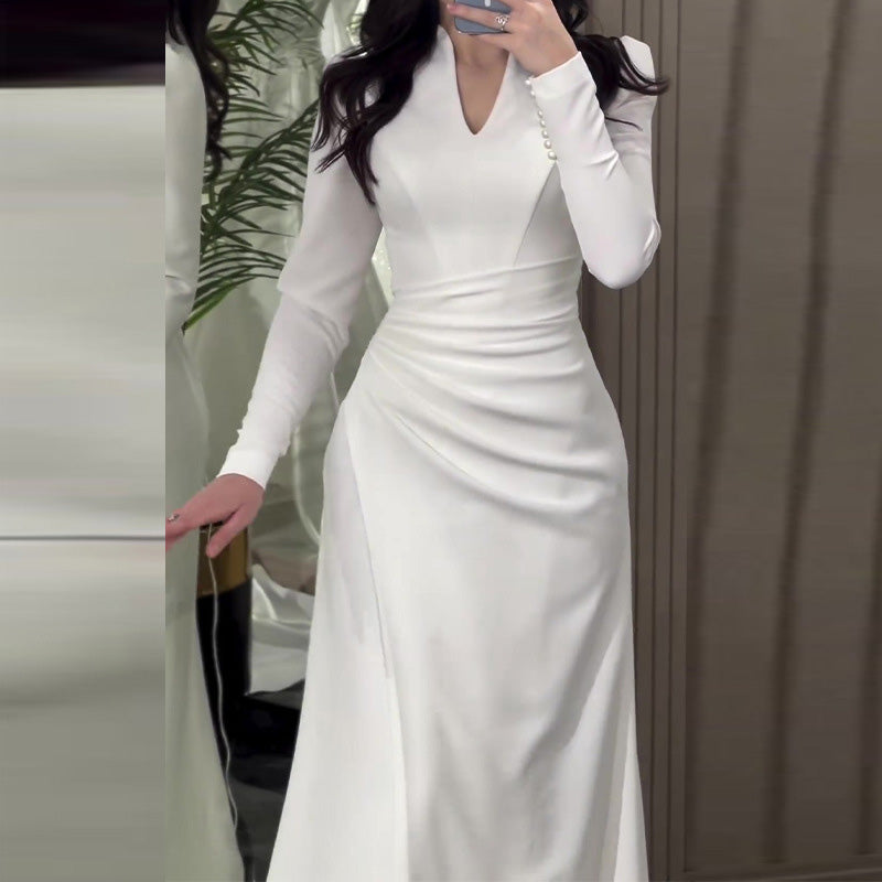 🔥Hot Sale*Solid Color Slim Fit Gentle Style Pleated Long Sleeve Dress